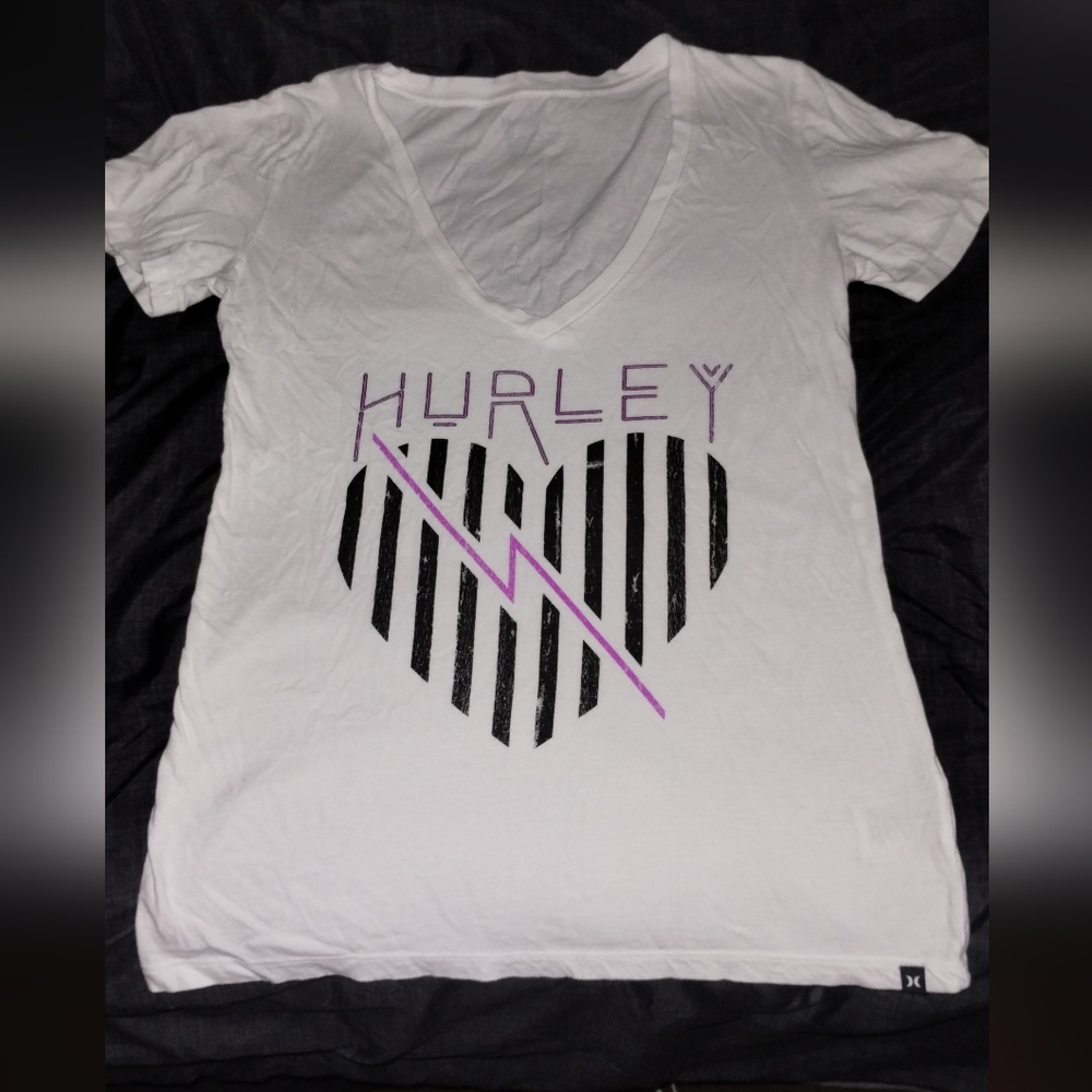 Hurley Women's White V-Neck Short Sleeve Tee Size L EUC Worn 1x